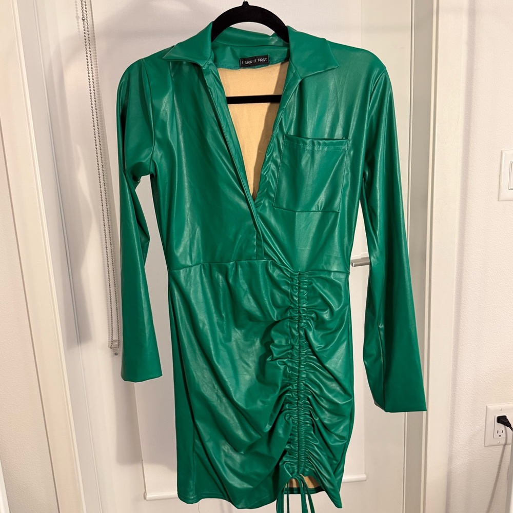 ASOS Ruched Faux Leather Green Long Sleeve Dress